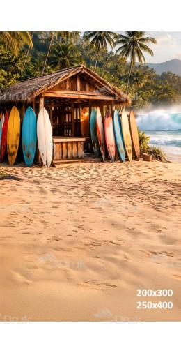 Tło fotograficzne „Surf shack na tropikalnej plaży z deskami surfingowymi” | 4051